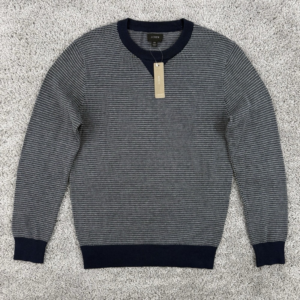 J Crew Cotton Sweater Birds-Eye Stitch Men NWT XS Navy Crewneck Classic Pullover